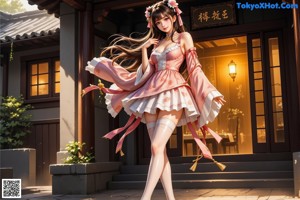 A woman in a pink dress is standing in front of a building.